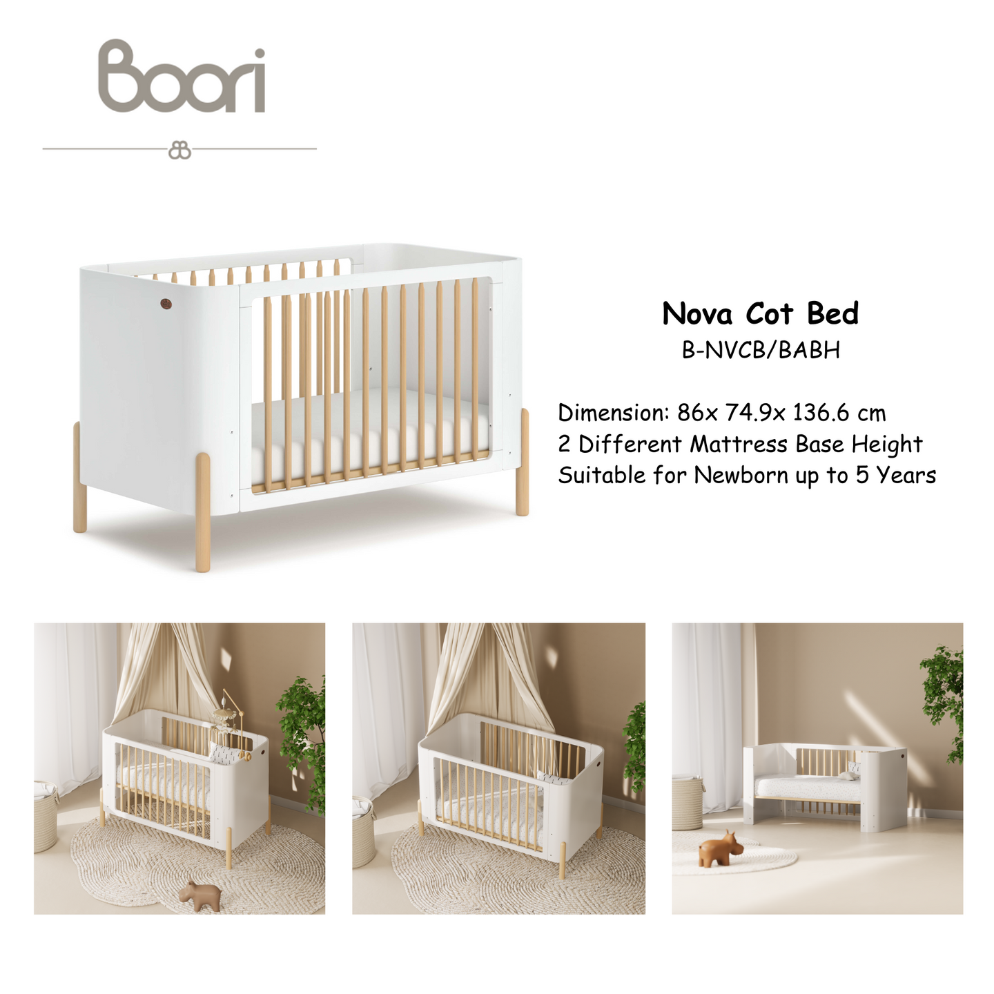 Boori Nova Cot Bed Barley White and Beech